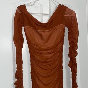 Burnt orange off the shoulder dress
